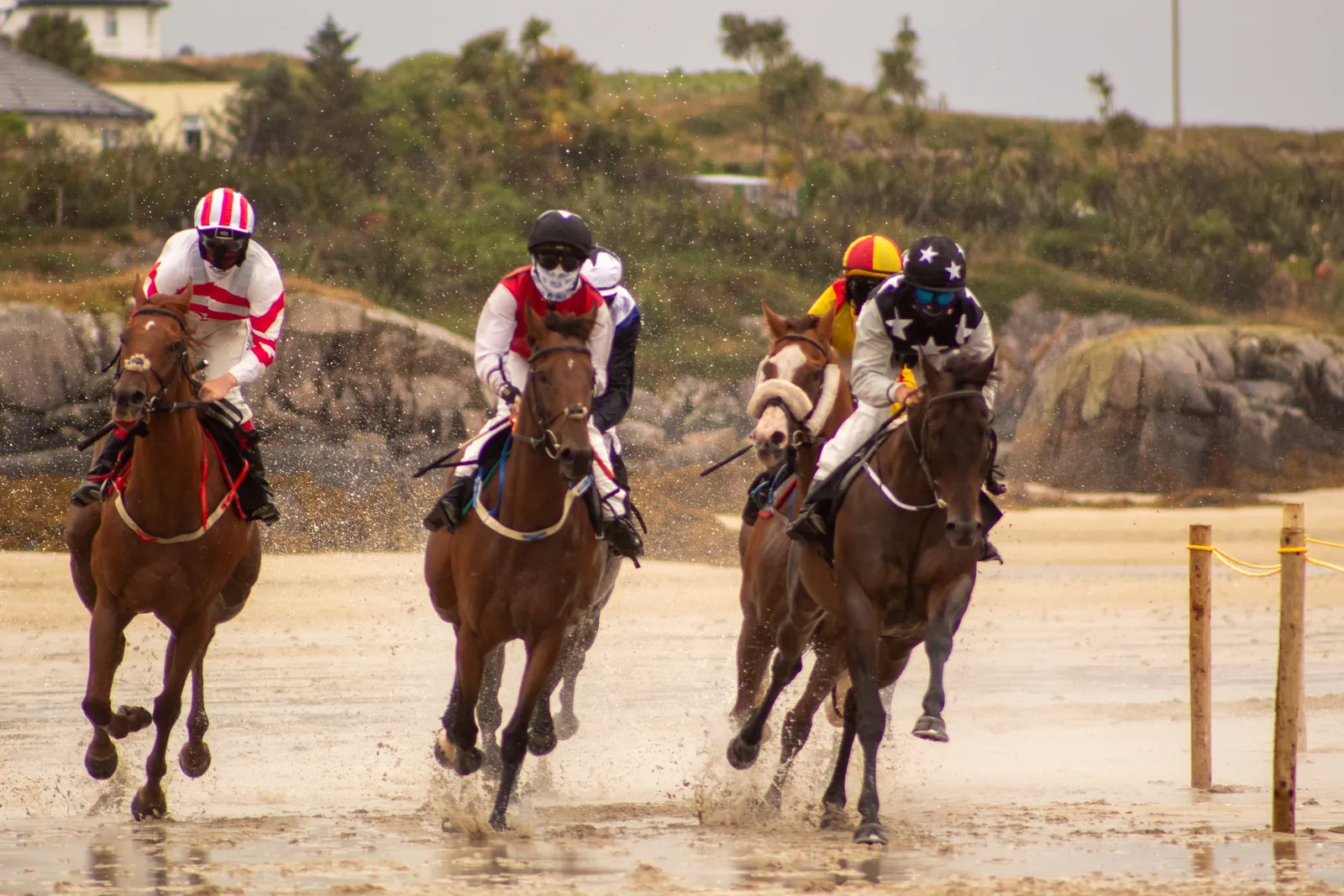 Four horses come through the turn straight towards the camera at Omey, jockeys in red-and-white striped, navy and starred silks, sand and water spraying from their hooves.