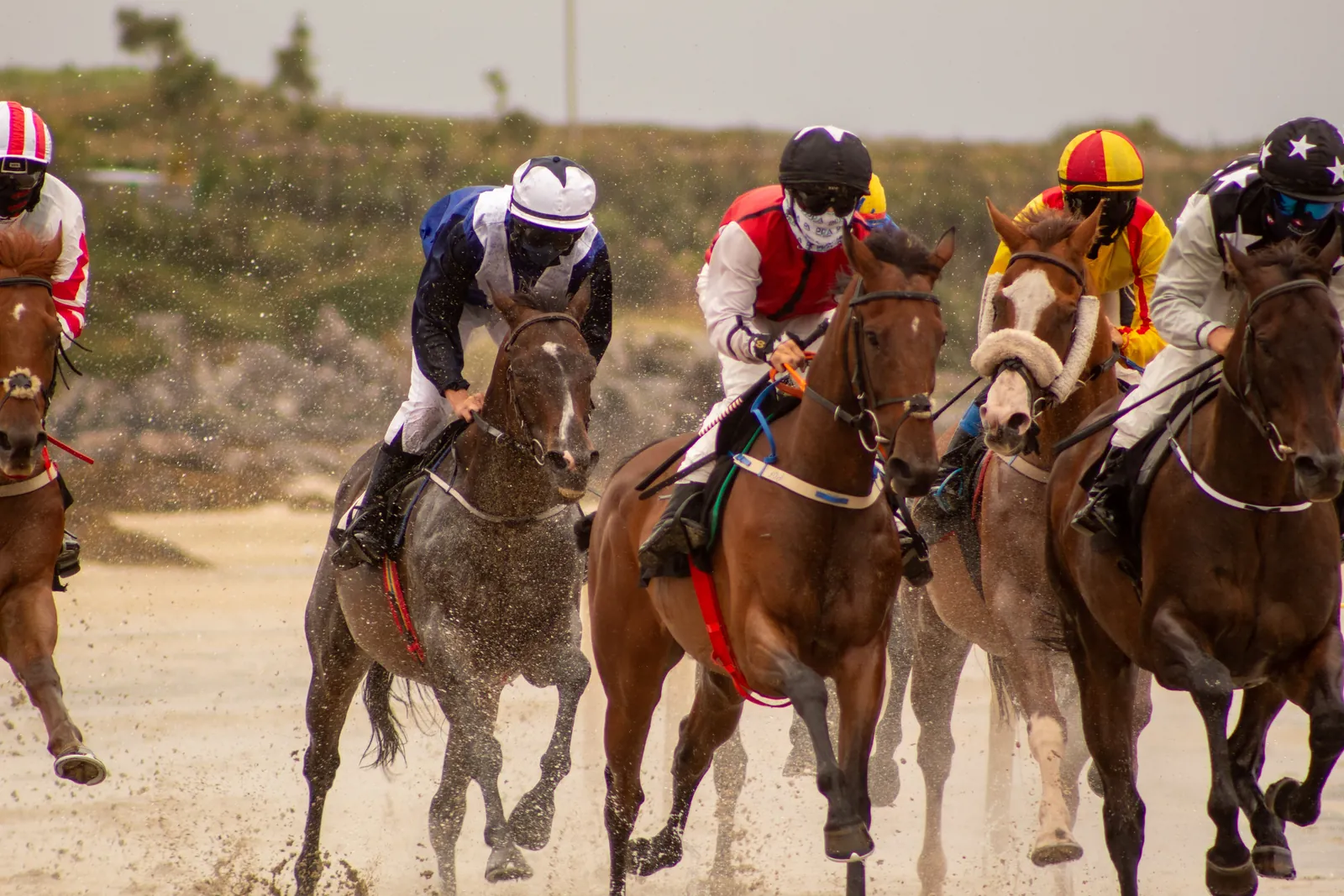 A tight frame of five horses at full gallop head-on, jockeys crouched low in red, navy, yellow and starred silks, wet sand flying around them.