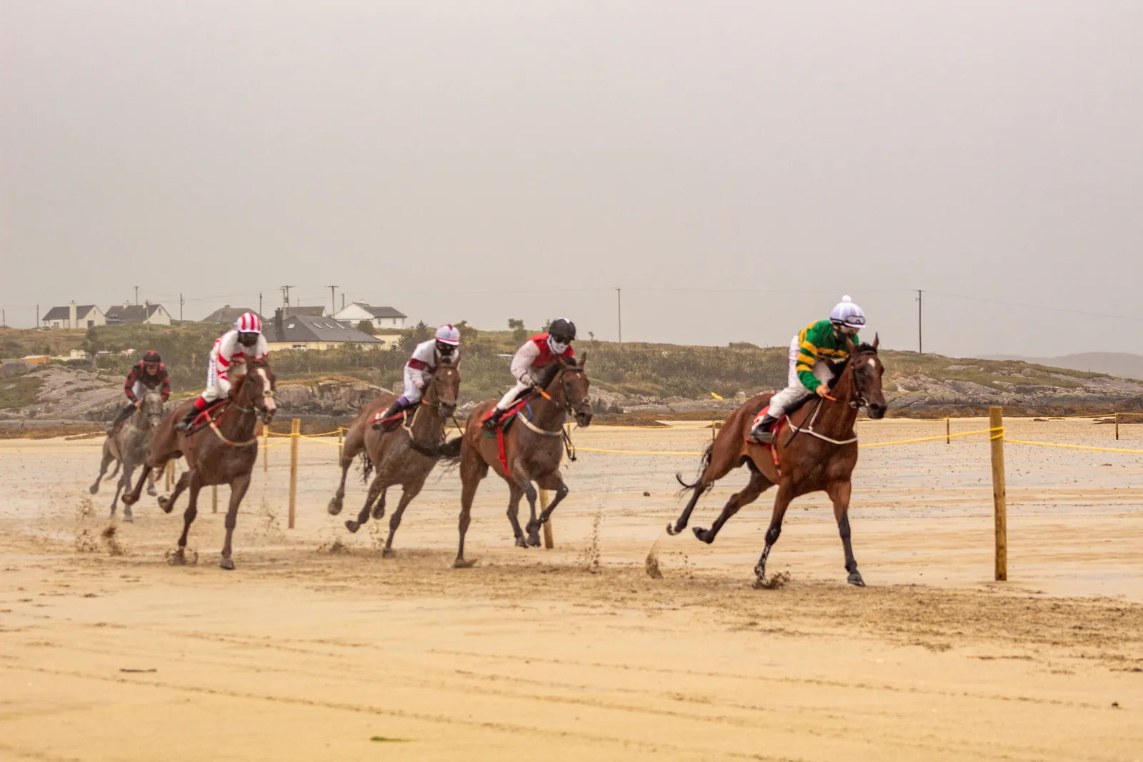 Four horses race along the wet sand at Omey, the leader in green and gold silks, with the white houses of Claddaghduff strung along the low ridge behind.